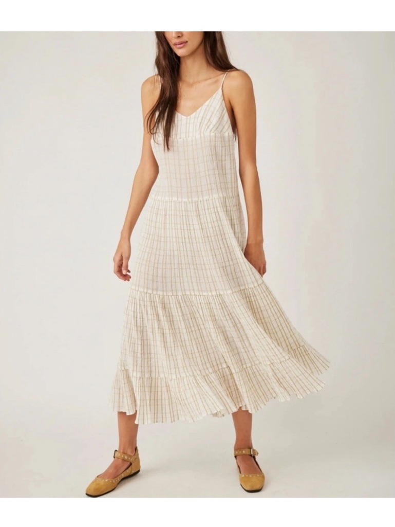 Nwt Free People Cream Plaid Tiered Maxi Dress